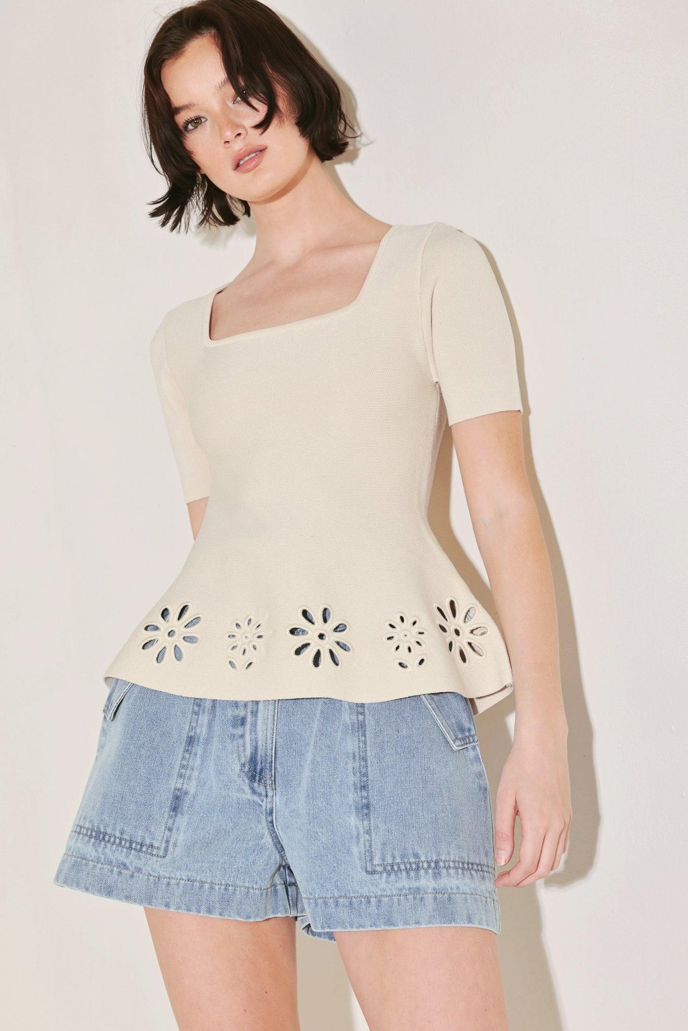 Summer Crush Edit Sweater Knit Top in beige cream, view 3 — Soul Flow Apparel