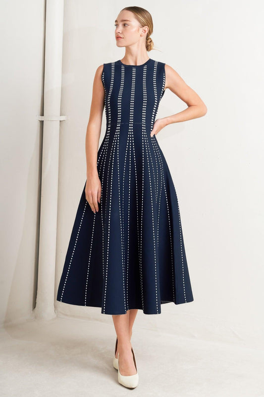 Perfectly Poised Jacquard Sweater Midi Dress in navy white, view 1 — Soul Flow Apparel