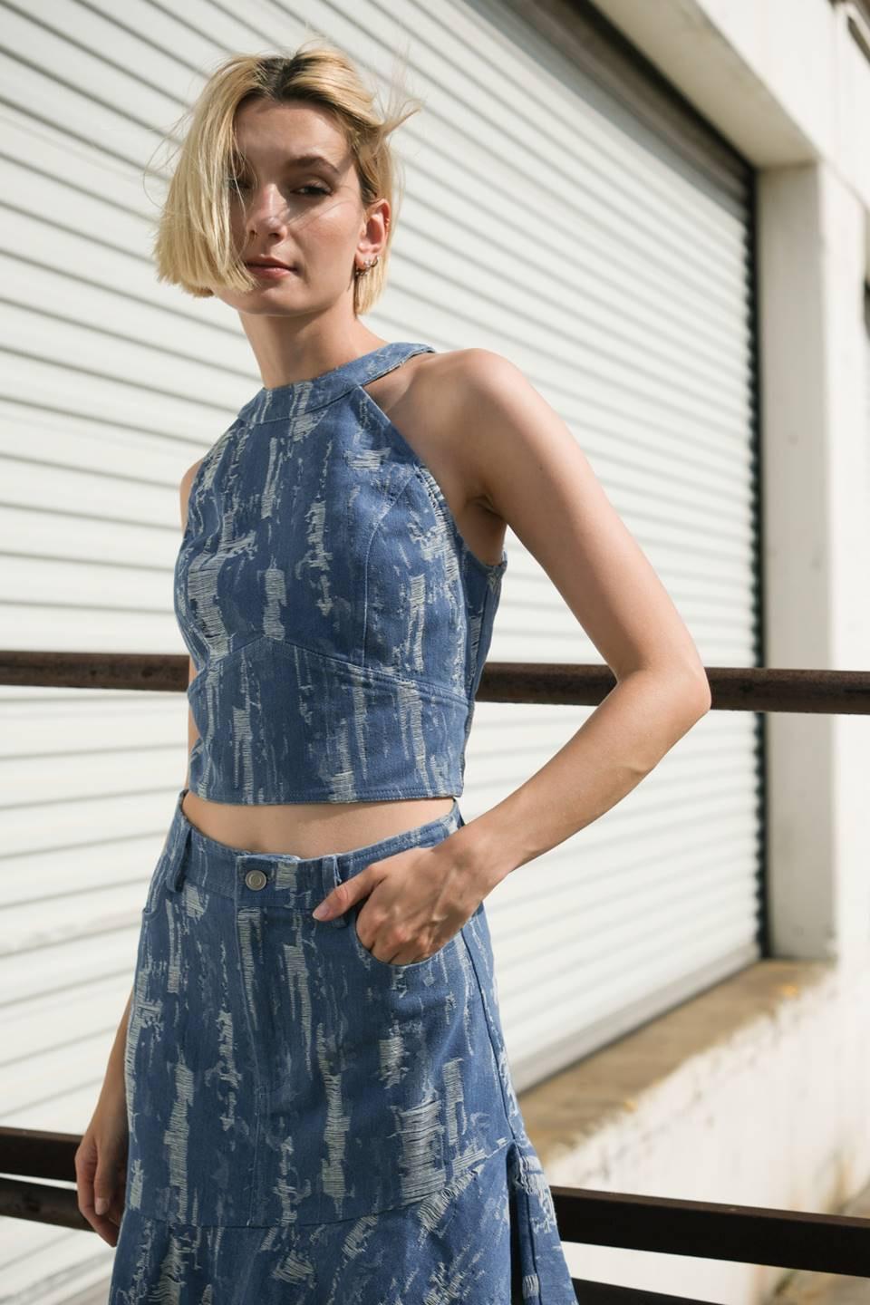 Breezy Adoration Denim Crop Top in medium indigo, view 1 — Soul Flow Apparel