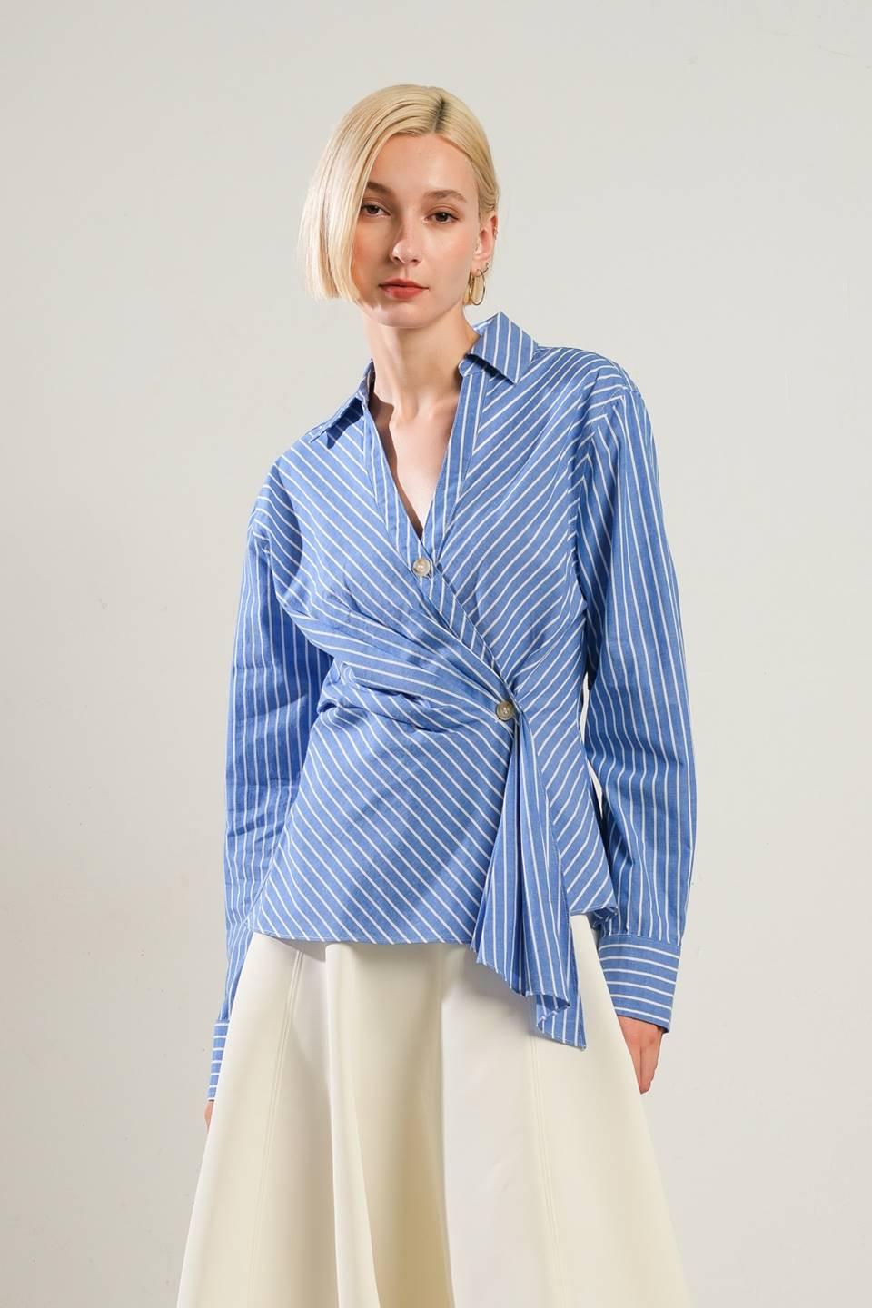 Evermore Elegance Woven Top in blue white, view 1 — Soul Flow Apparel