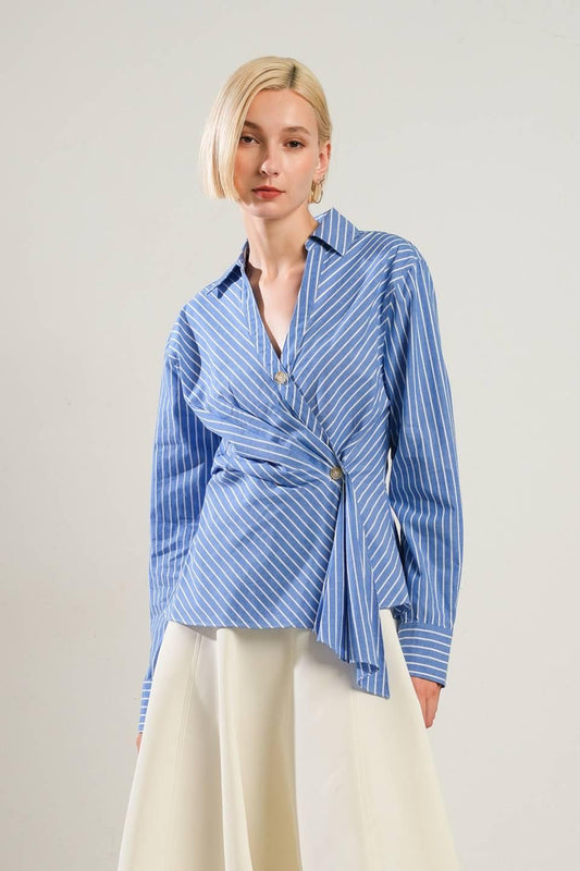 Evermore Elegance Woven Top in blue white, view 1 — Soul Flow Apparel