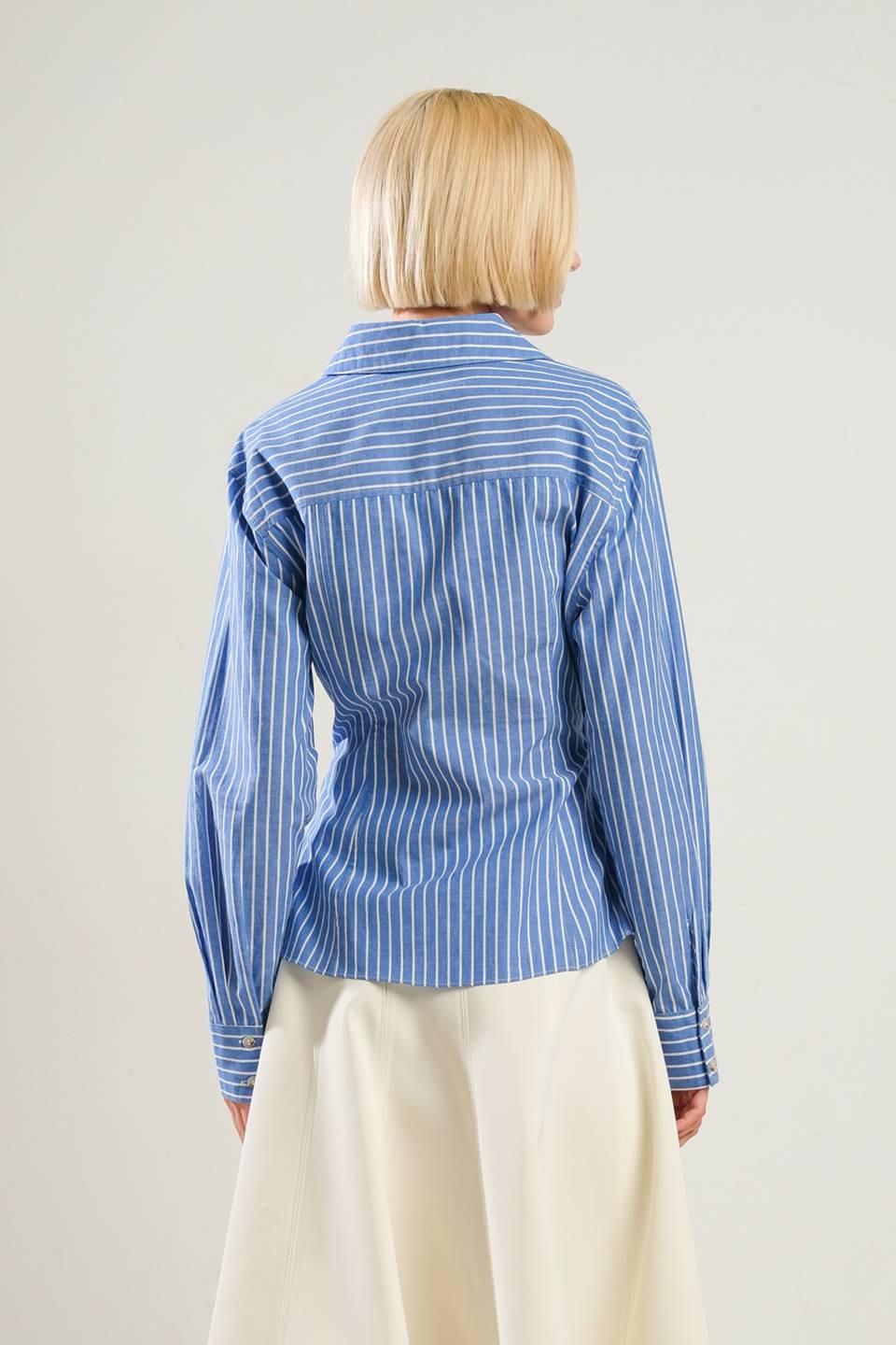 Evermore Elegance Woven Top in blue white, view 2 — Soul Flow Apparel