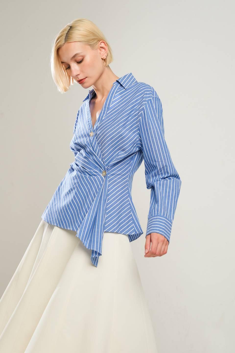 Evermore Elegance Woven Top in blue white, view 3 — Soul Flow Apparel