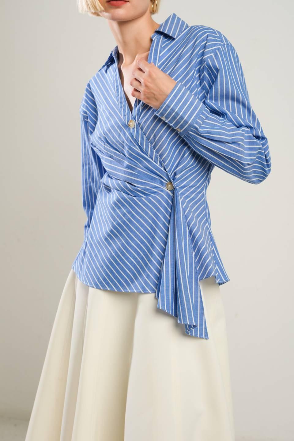 Evermore Elegance Woven Top in blue white, view 4 — Soul Flow Apparel