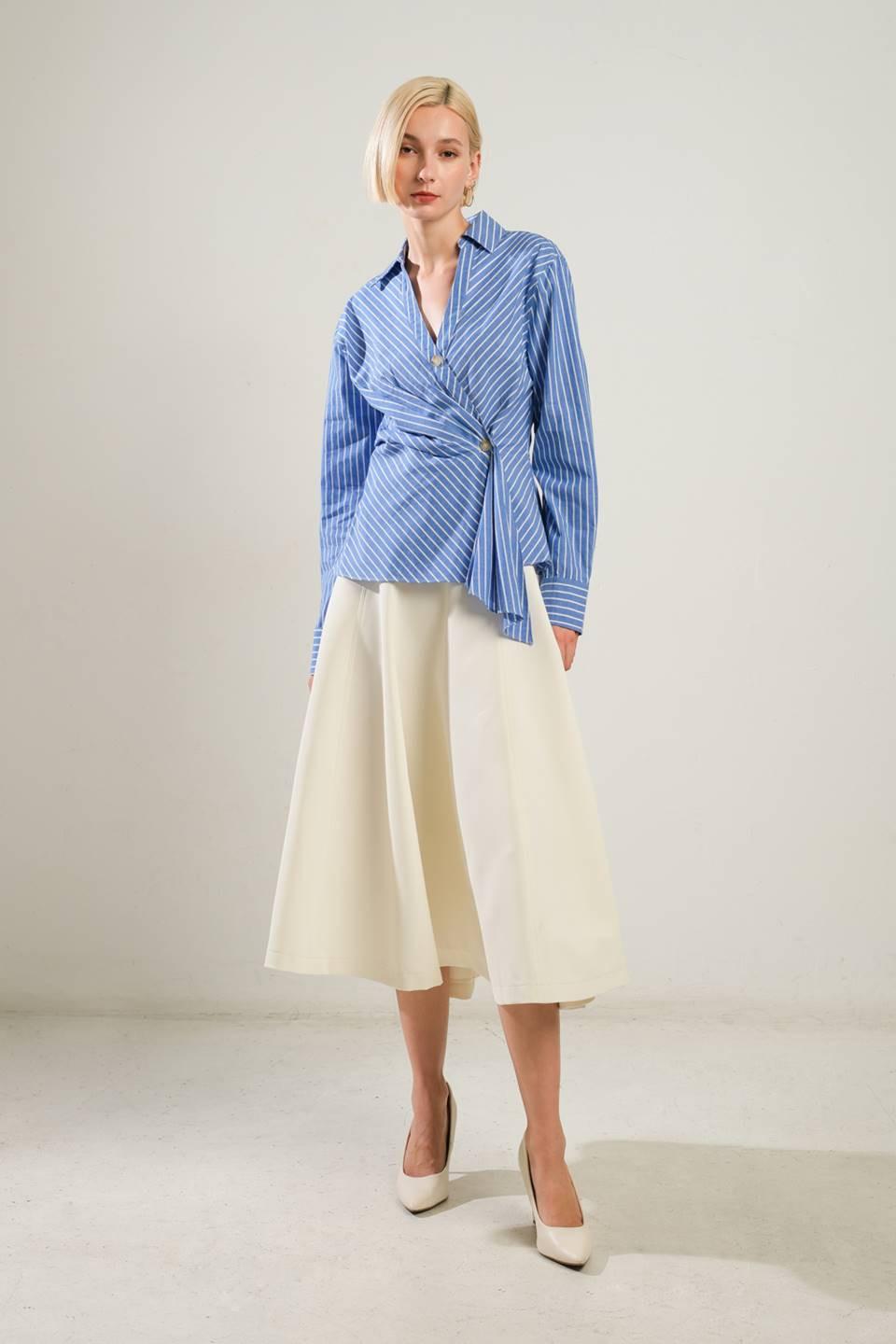 Evermore Elegance Woven Top in blue white, view 5 — Soul Flow Apparel