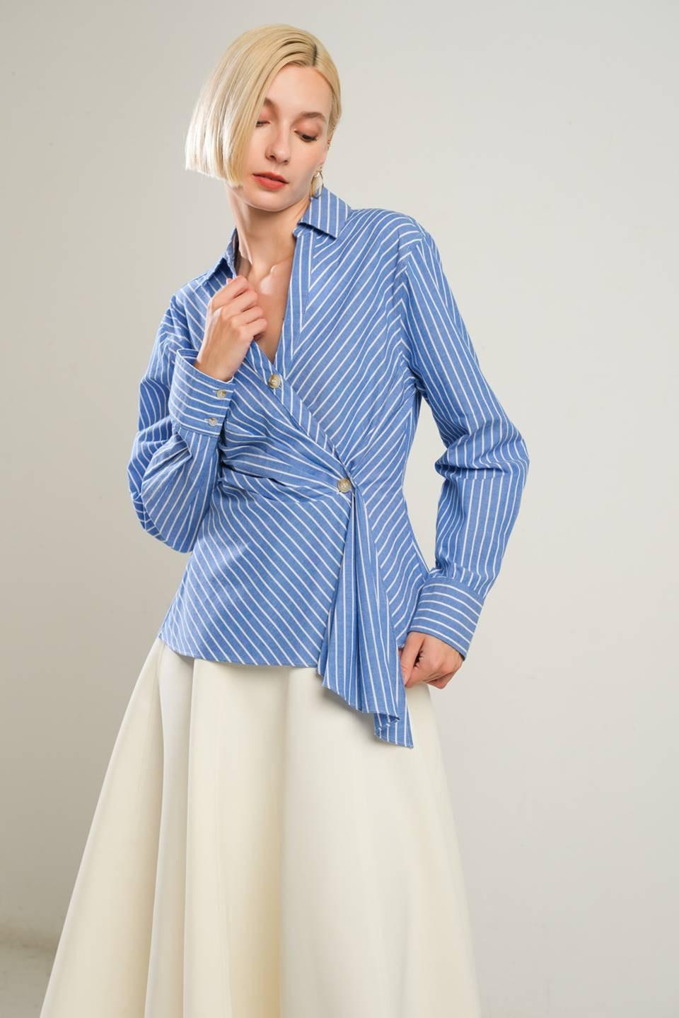 Evermore Elegance Woven Top in blue white, view 7 — Soul Flow Apparel