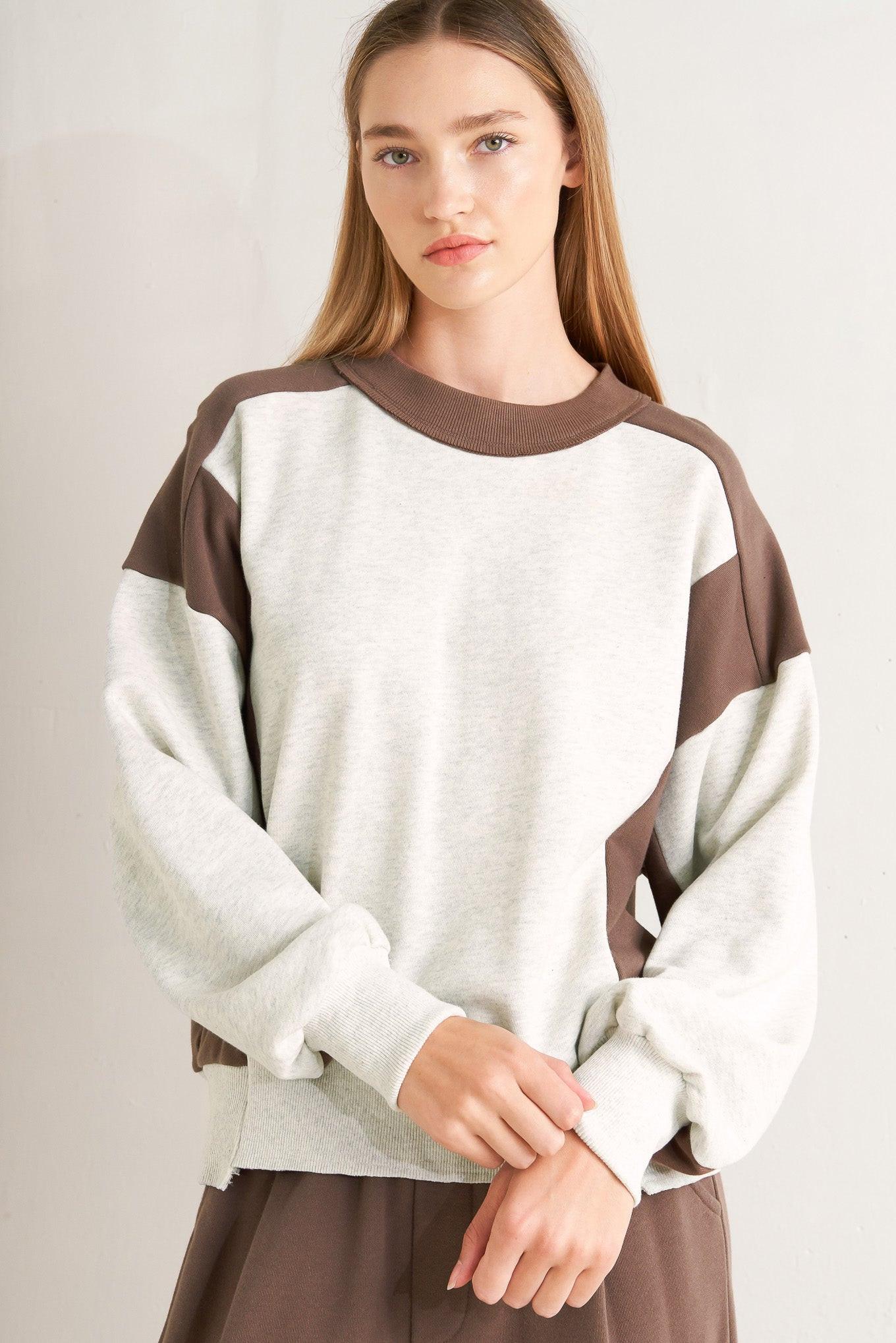 In Too Deep Pullover Knit Top in oatmealbrown, view 1 — Soul Flow Apparel
