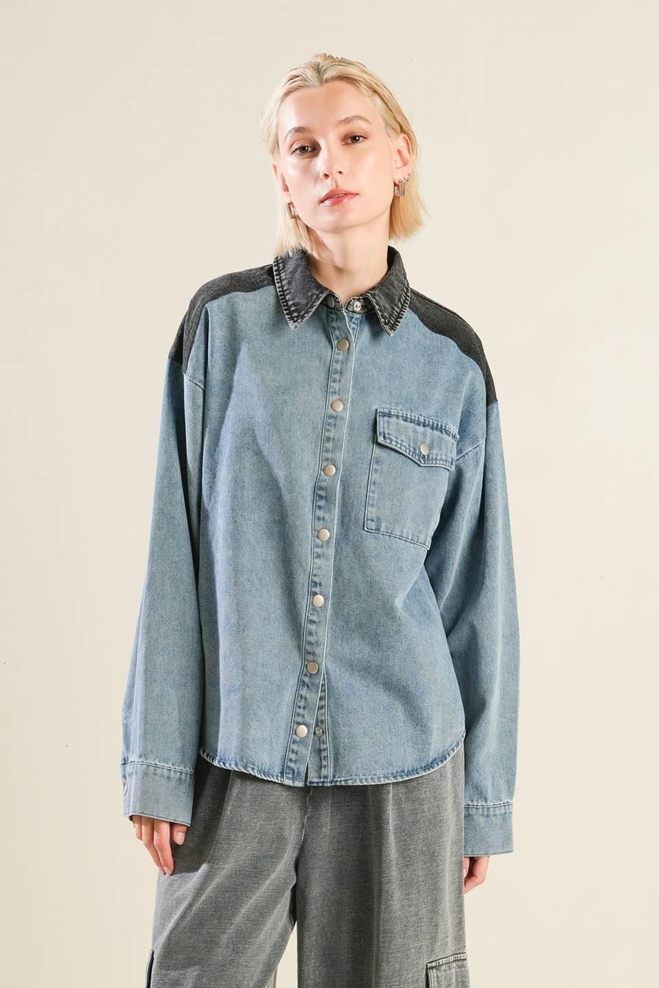 My Love for You Denim Shirt in indigo, view 1 — Soul Flow Apparel