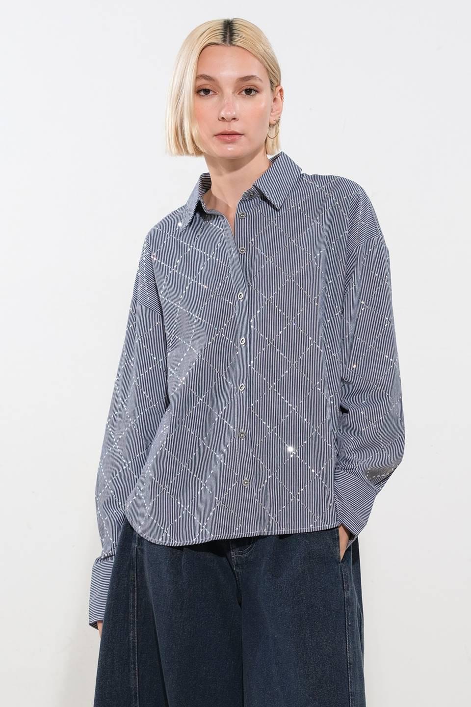 Graceful Appearance Woven Top in navy white, view 1 — Soul Flow Apparel