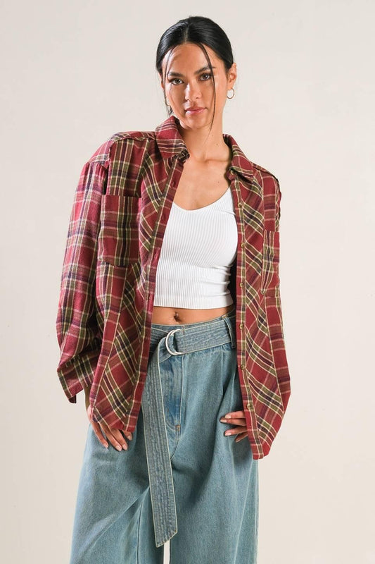 Timeless Charm Woven Top in burgundy, view 1 — Soul Flow Apparel