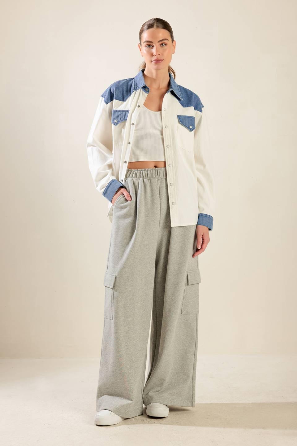 Keep It Going Woven and Denim Shirt in white blue, view 1 — Soul Flow Apparel