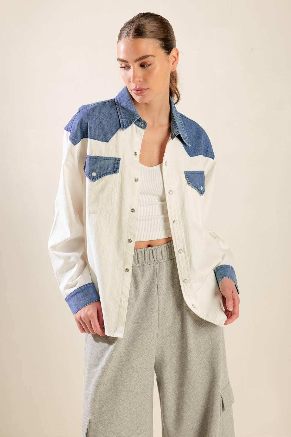 Keep It Going Woven and Denim Shirt in white blue, view 2 — Soul Flow Apparel