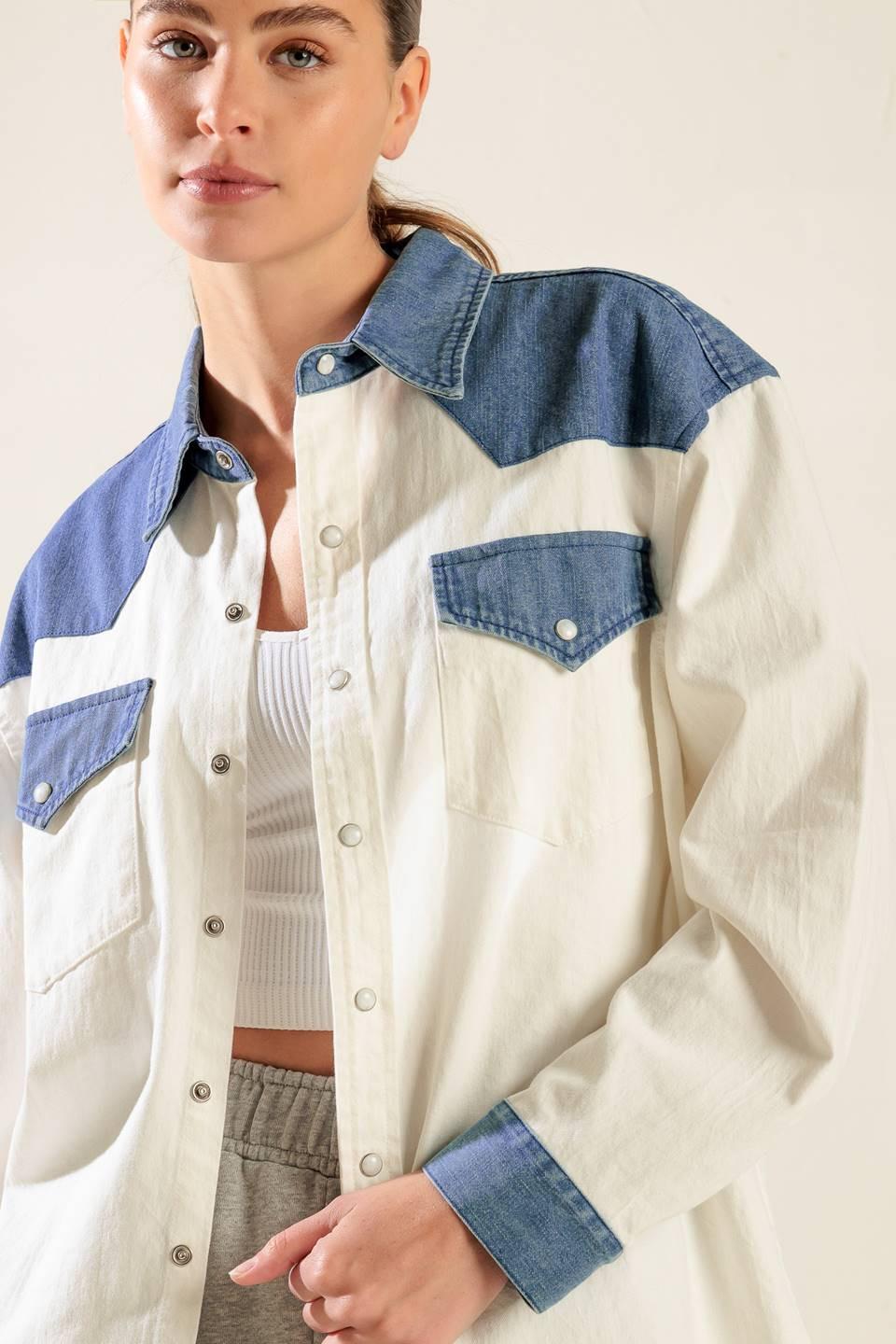 Keep It Going Woven and Denim Shirt in white blue, view 3 — Soul Flow Apparel