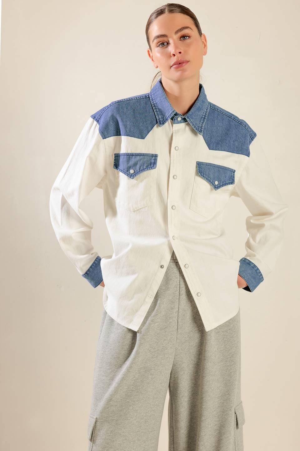Keep It Going Woven and Denim Shirt in white blue, view 4 — Soul Flow Apparel