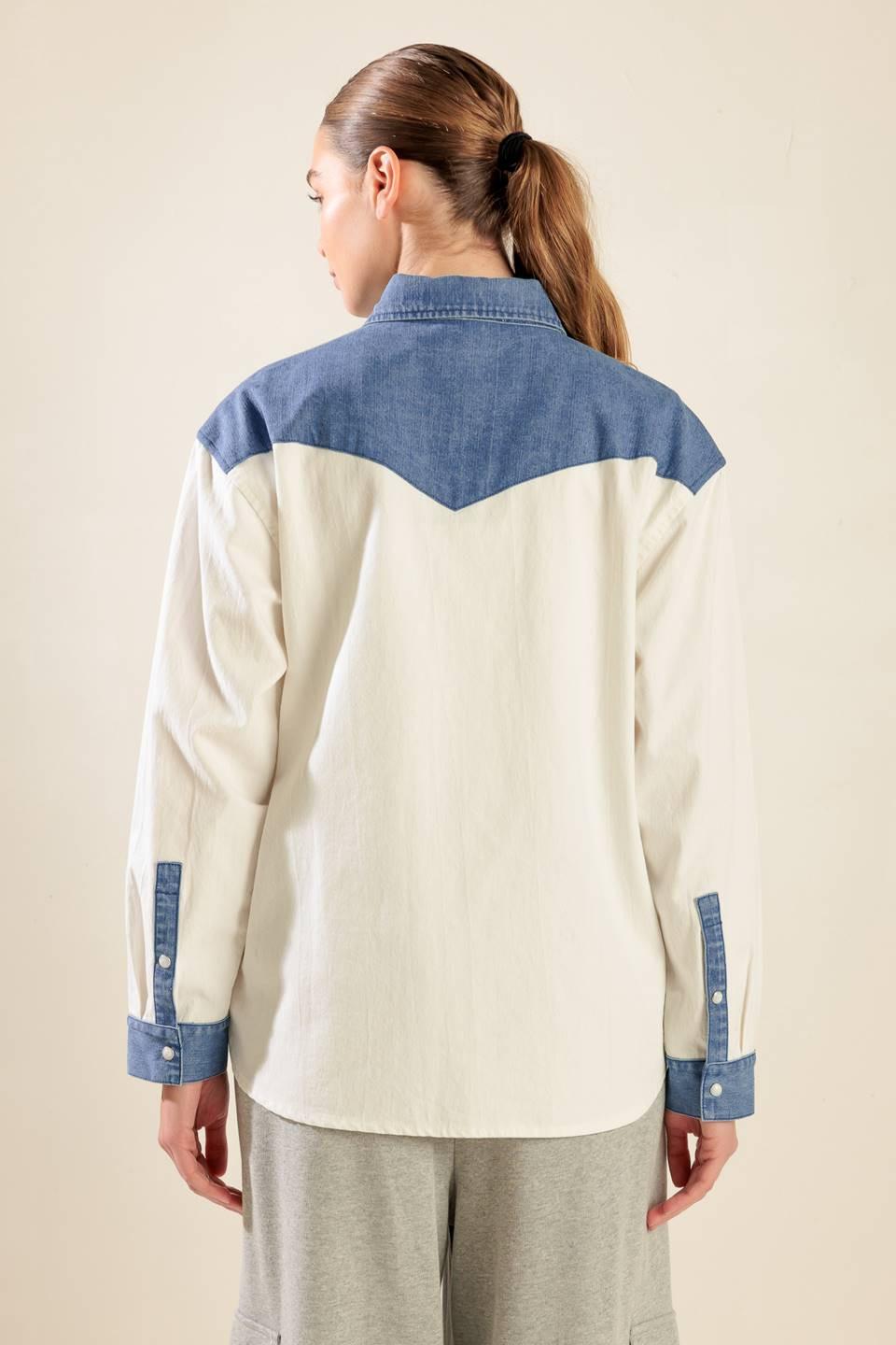 Keep It Going Woven and Denim Shirt in white blue, view 5 — Soul Flow Apparel