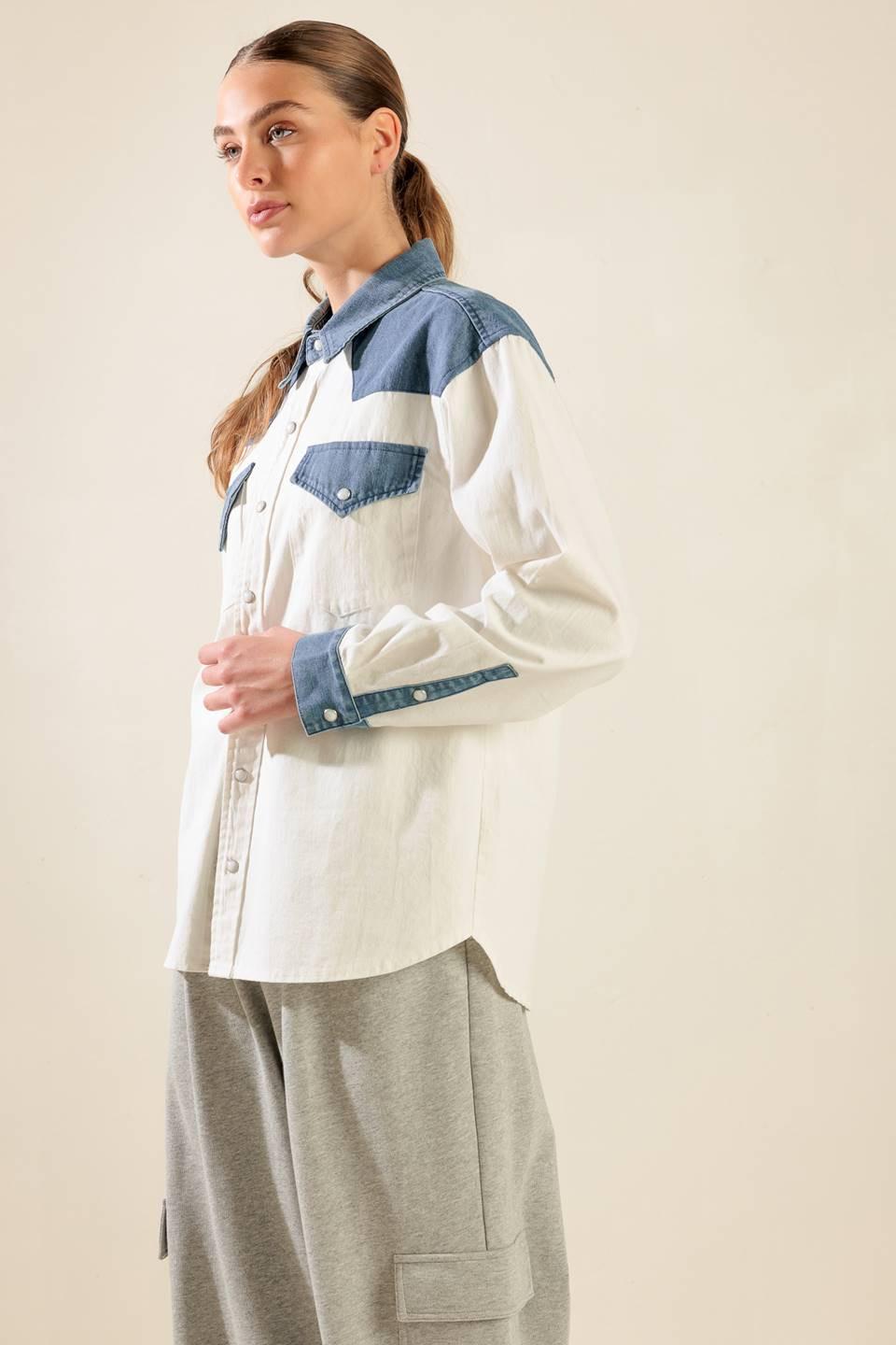 Keep It Going Woven and Denim Shirt in white blue, view 6 — Soul Flow Apparel