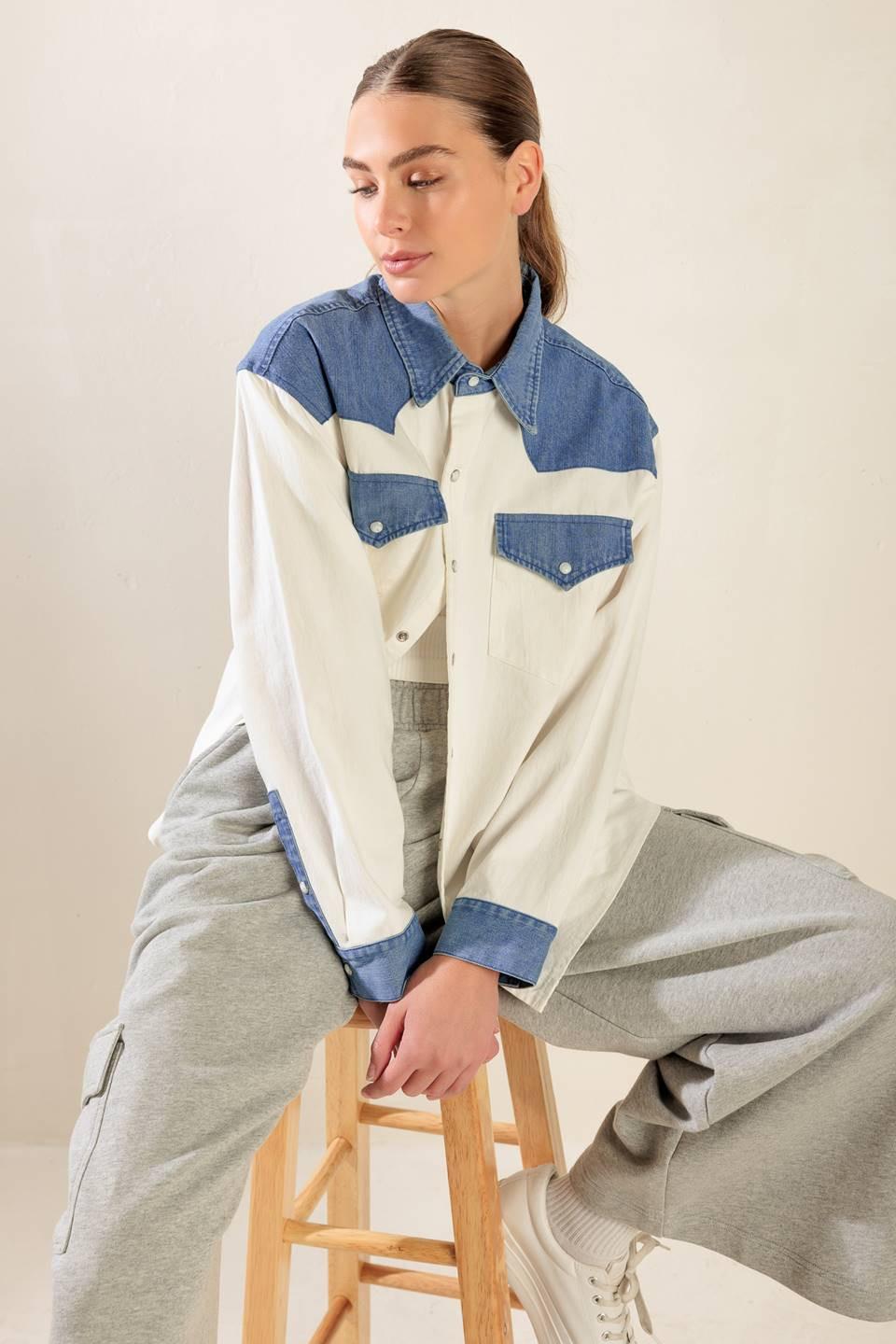 Keep It Going Woven and Denim Shirt in white blue, view 8 — Soul Flow Apparel