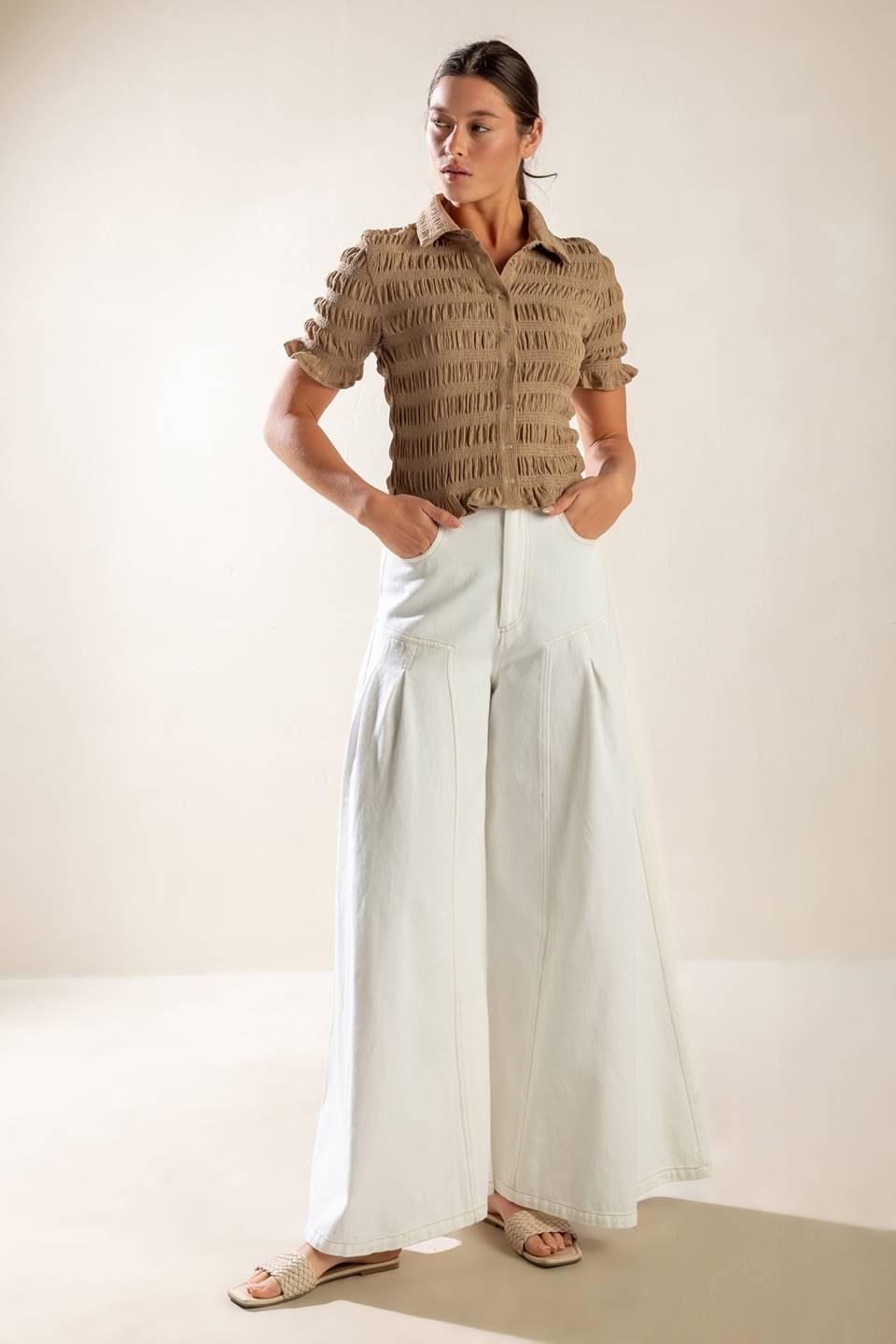 Picnic At Sunset Woven Top in taupe, view 1 — Soul Flow Apparel