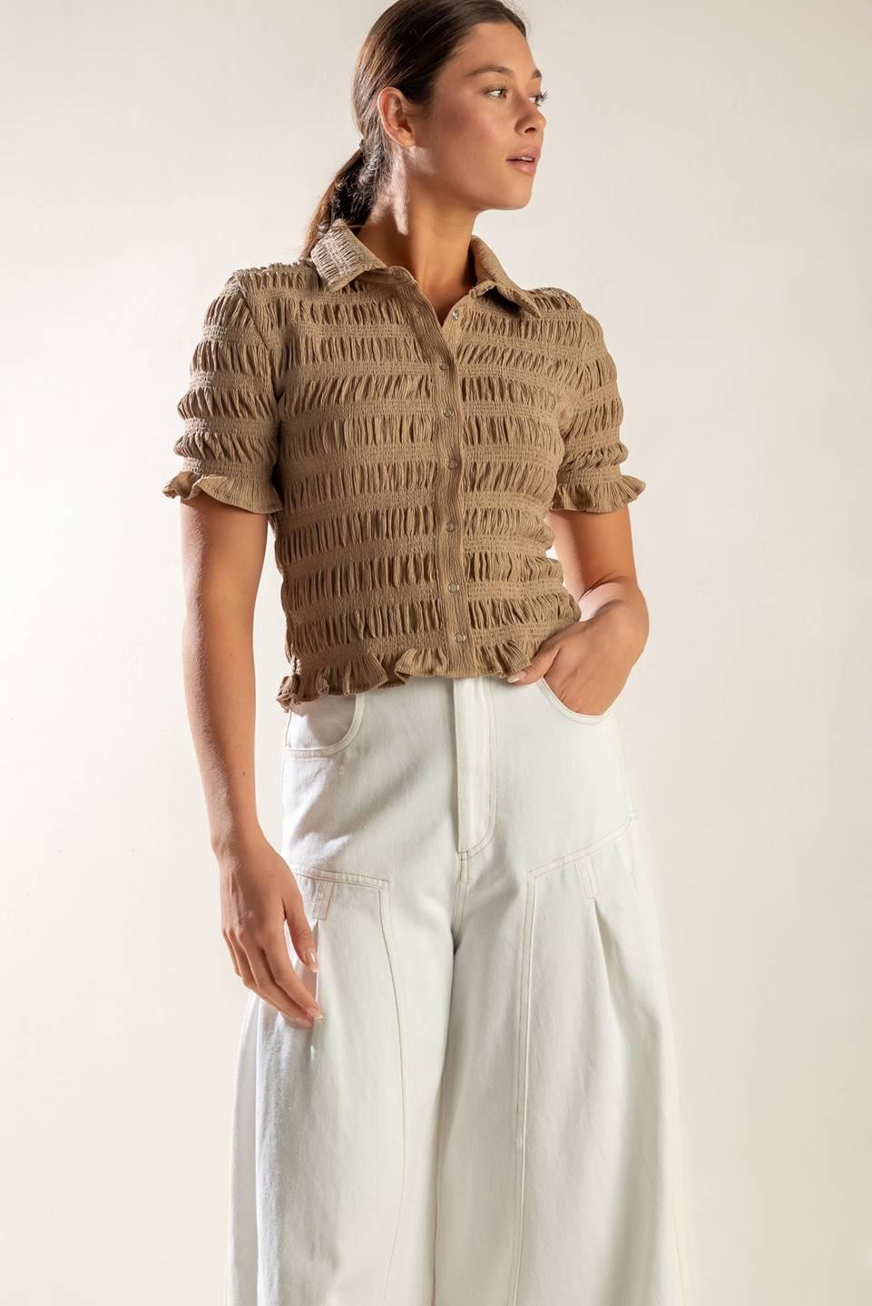 Picnic At Sunset Woven Top in taupe, view 2 — Soul Flow Apparel
