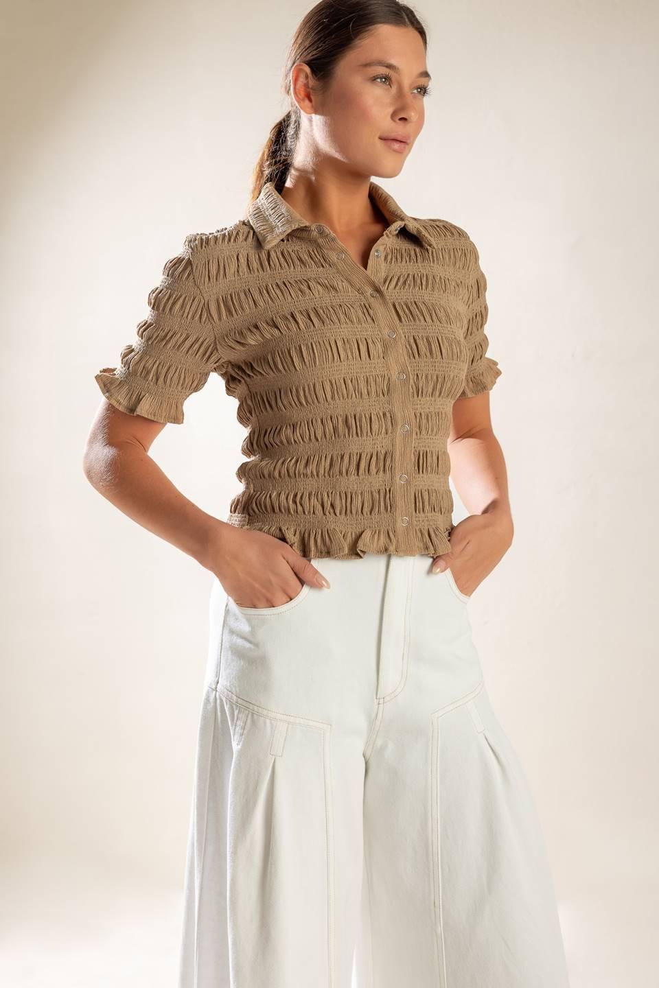 Picnic At Sunset Woven Top in taupe, view 3 — Soul Flow Apparel