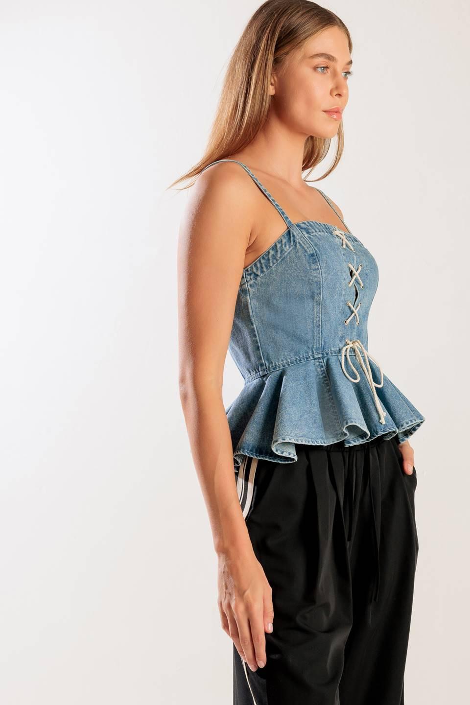 Grand Entrance Indigo Denim Top in medium, view 7 — Soul Flow Apparel