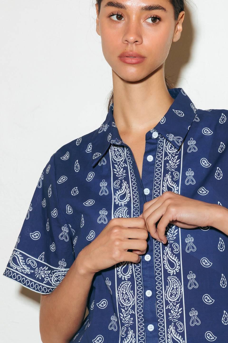 Sunkissed Meadow Woven Shirt in navy white, view 2 — Soul Flow Apparel