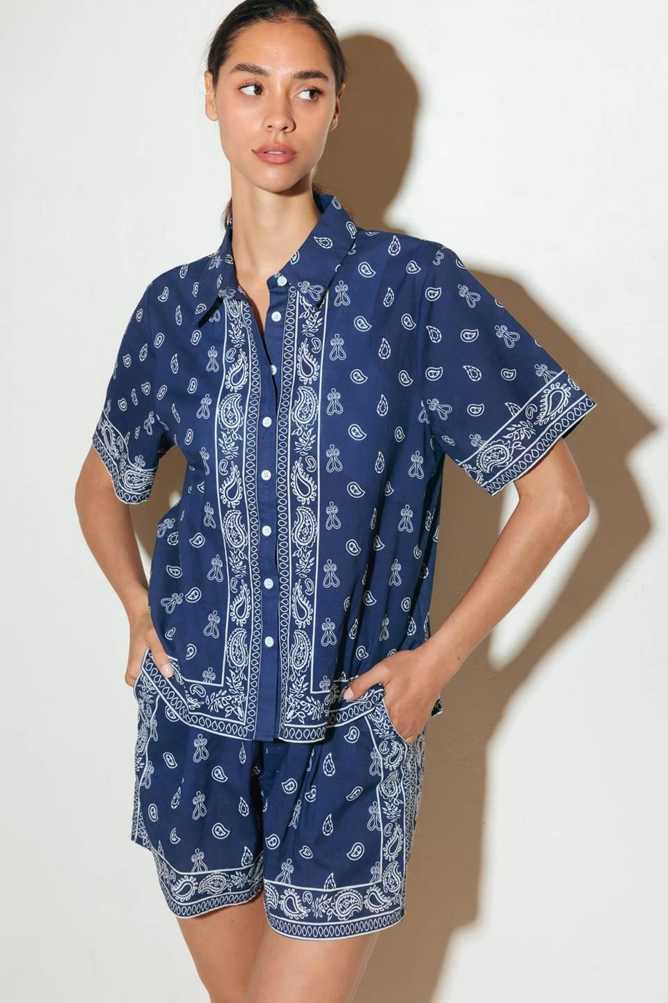 Sunkissed Meadow Woven Shirt in navy white, view 3 — Soul Flow Apparel
