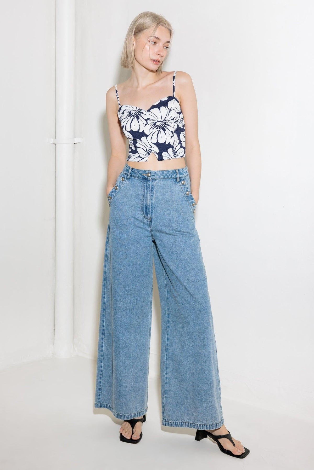Plain Optimism Navy Woven Crop Top, view 2 — Soul Flow Apparel