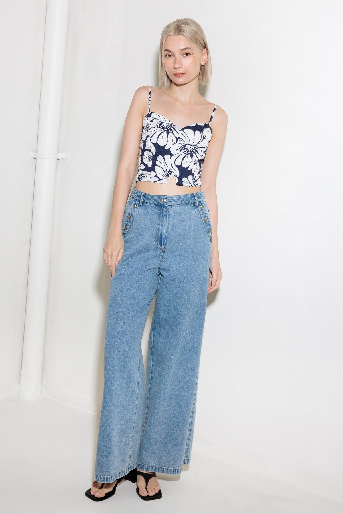 Plain Optimism Navy Woven Crop Top, view 6 — Soul Flow Apparel