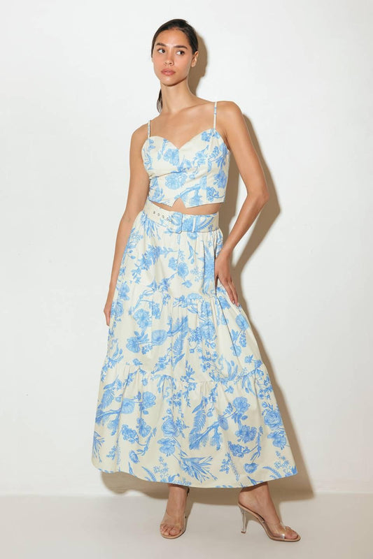 Urban Charm Woven Cami Top and Skirt Set in cream blue, view 2 — Soul Flow Apparel