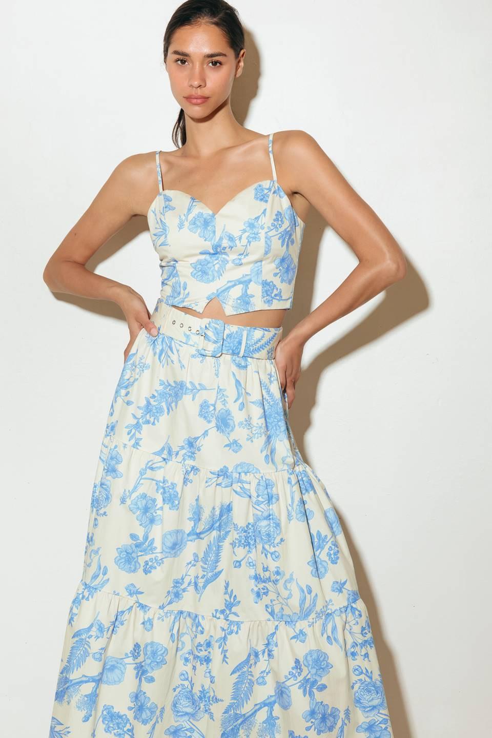 Urban Charm Woven Cami Top and Skirt Set in cream blue, view 3 — Soul Flow Apparel