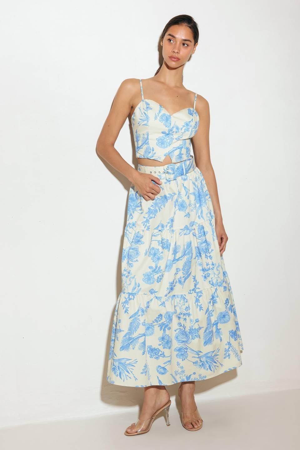 Urban Charm Woven Cami Top and Skirt Set in cream blue, view 4 — Soul Flow Apparel