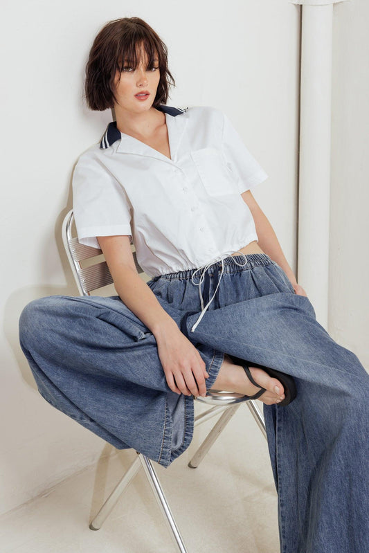 Coastal Collar Woven Crop Top in white, view 1 — Soul Flow Apparel