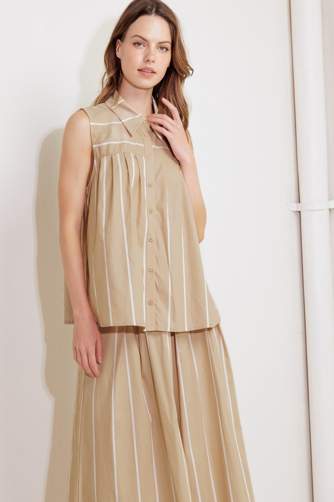 Somewhere to Be Woven Top in taupe white, view 1 — Soul Flow Apparel
