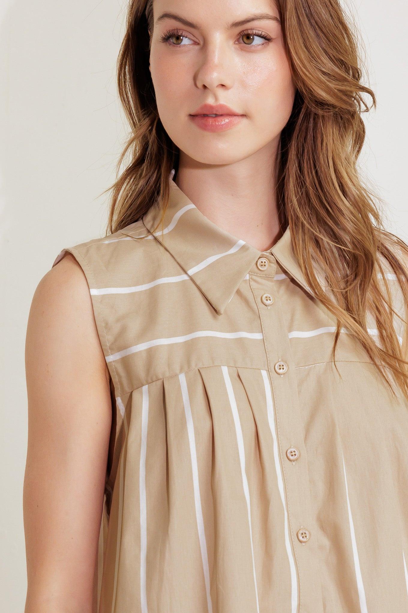 Somewhere to Be Woven Top in taupe white, view 2 — Soul Flow Apparel
