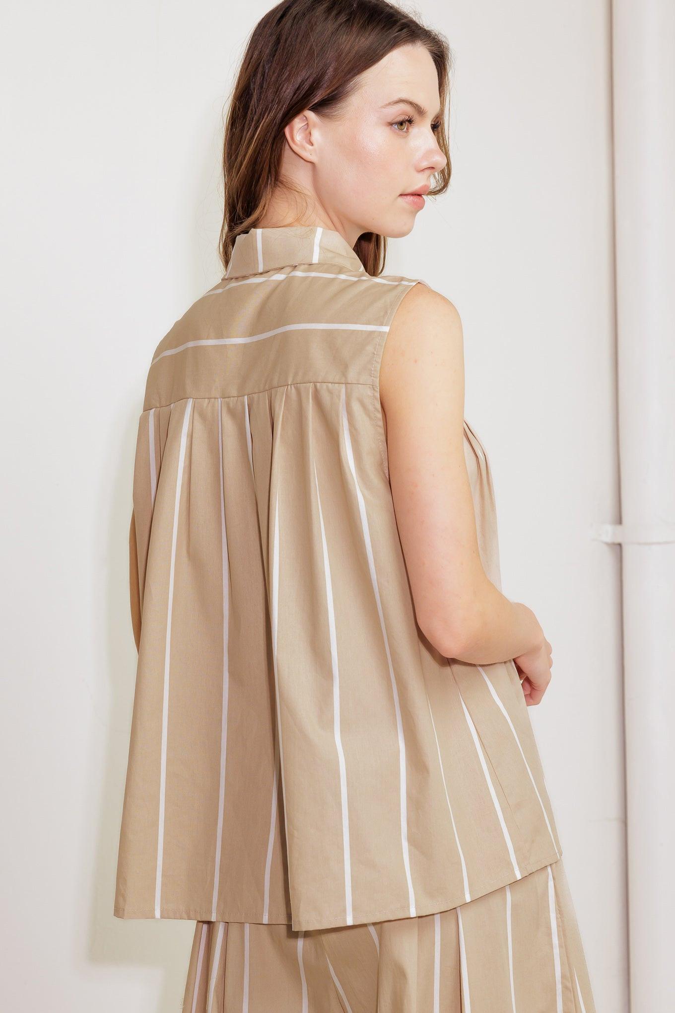 Somewhere to Be Woven Top in taupe white, view 7 — Soul Flow Apparel