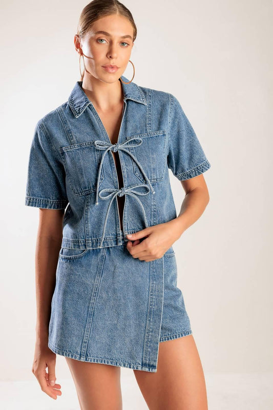 By Chance Denim Top in blue, view 1 — Soul Flow Apparel