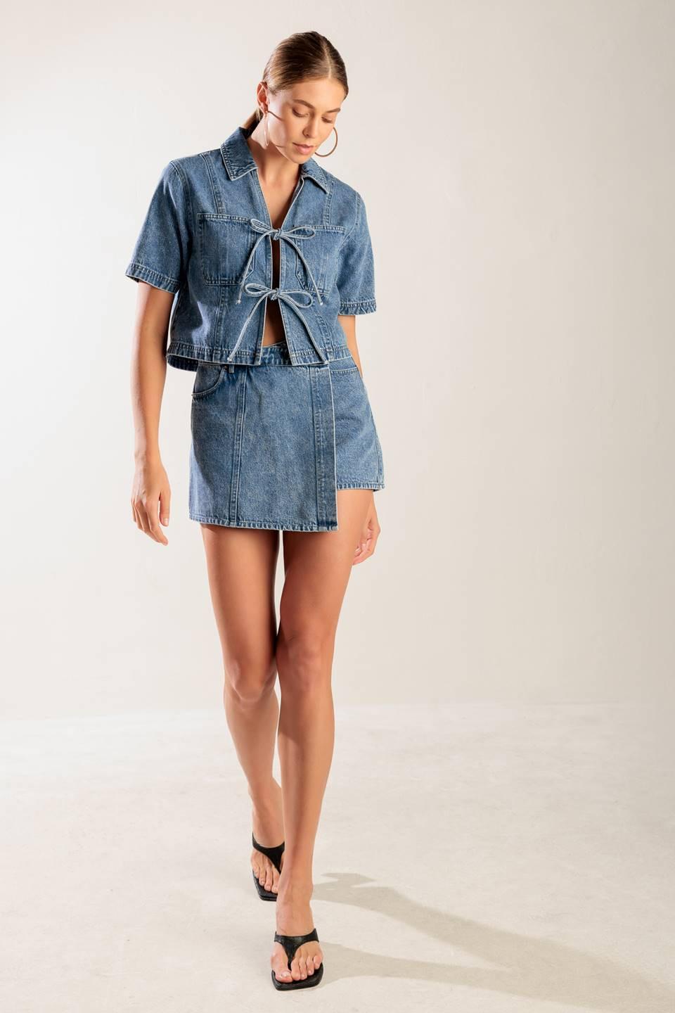By Chance Denim Top in blue, view 2 — Soul Flow Apparel