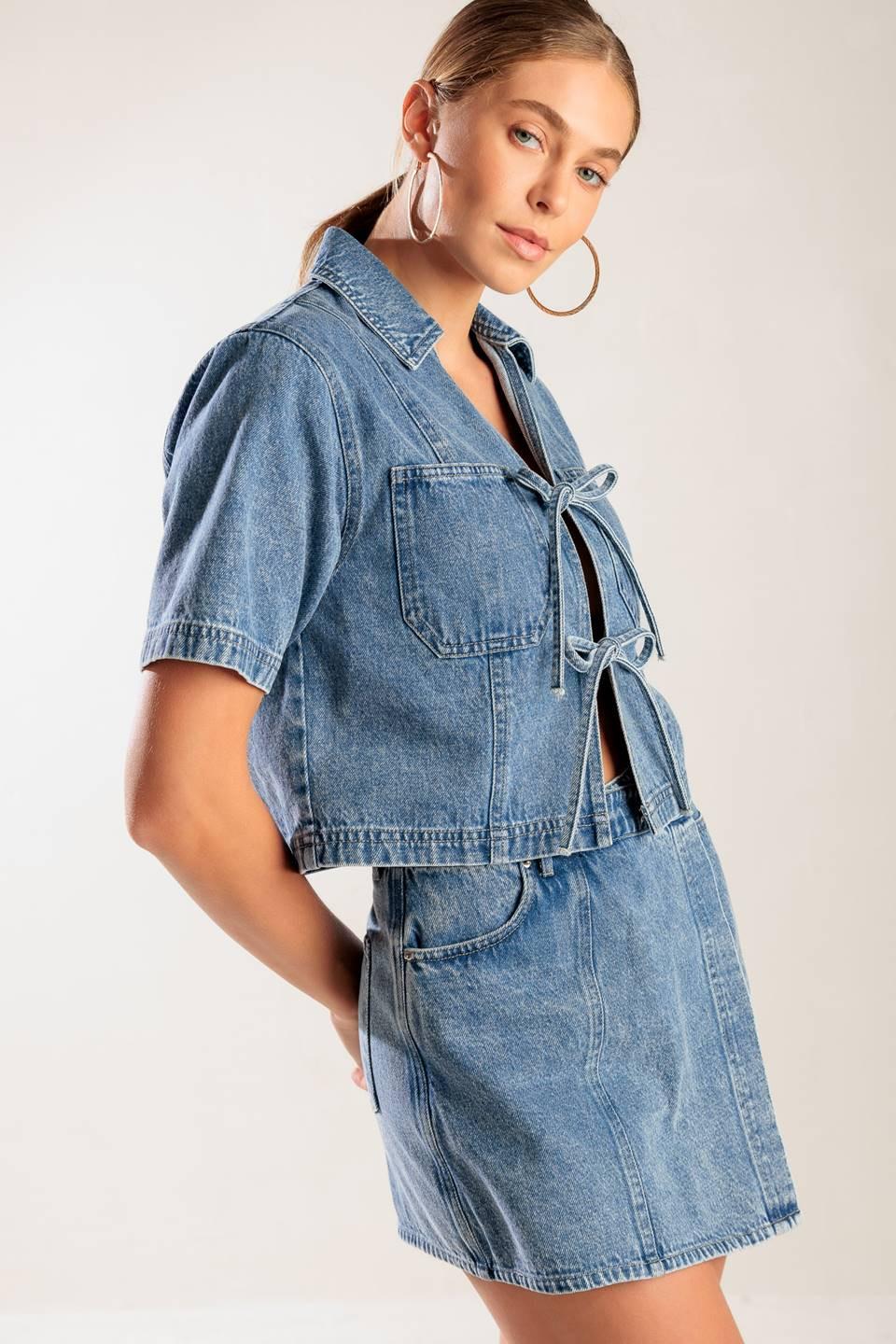 By Chance Denim Top in blue, view 3 — Soul Flow Apparel