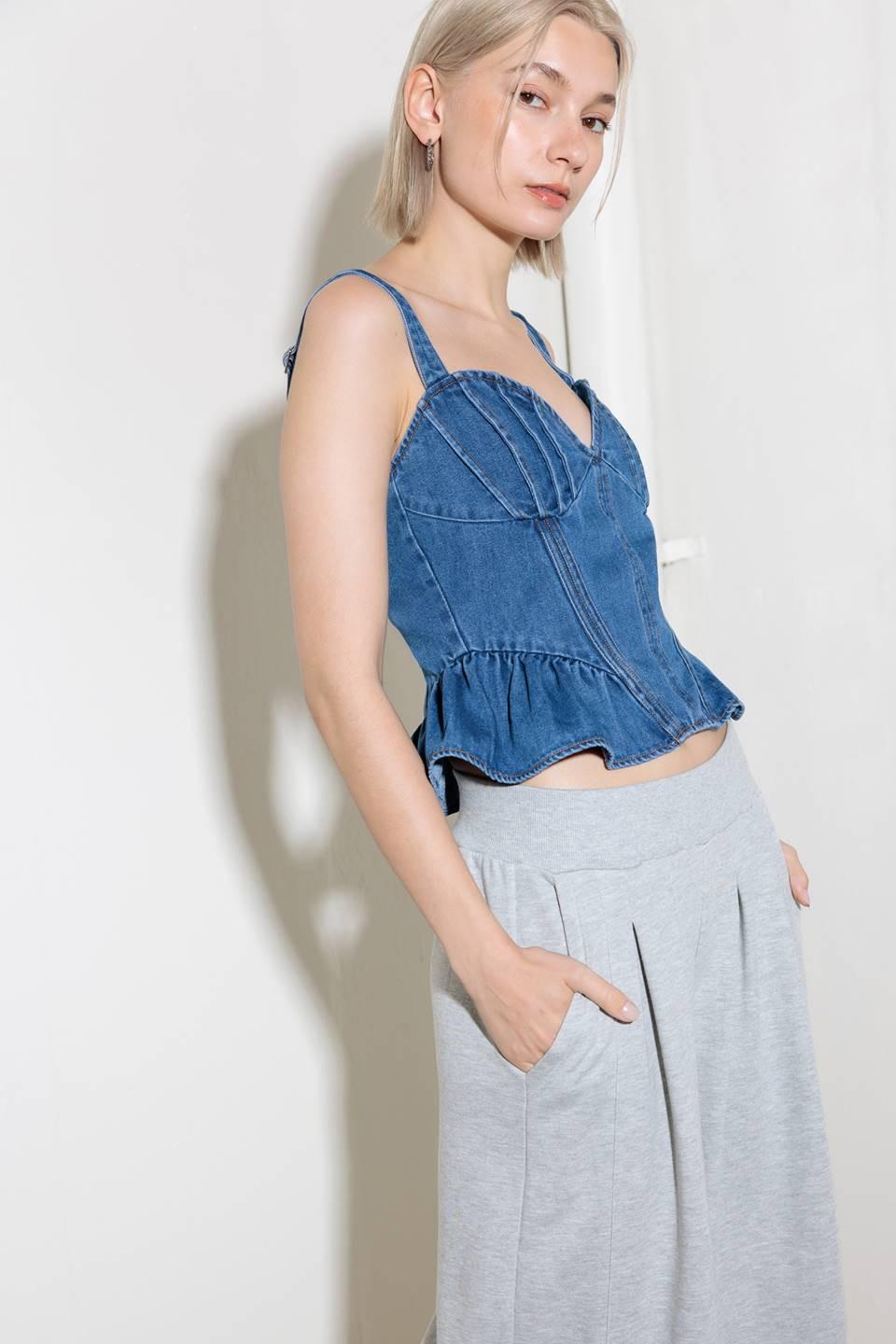 Whisper Softly Blue Denim Top, view 4 — Soul Flow Apparel