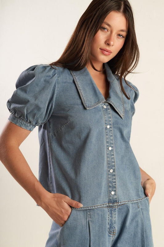 Eternal Sunshine Chambray Denim Top in light, view 2 — Soul Flow Apparel