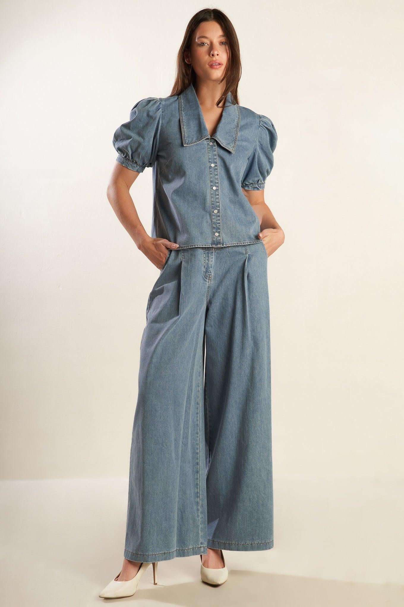 Eternal Sunshine Chambray Denim Top in light, view 4 — Soul Flow Apparel