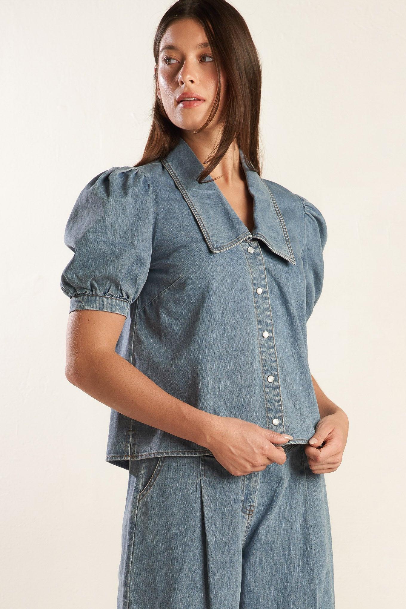 Eternal Sunshine Chambray Denim Top in light, view 6 — Soul Flow Apparel