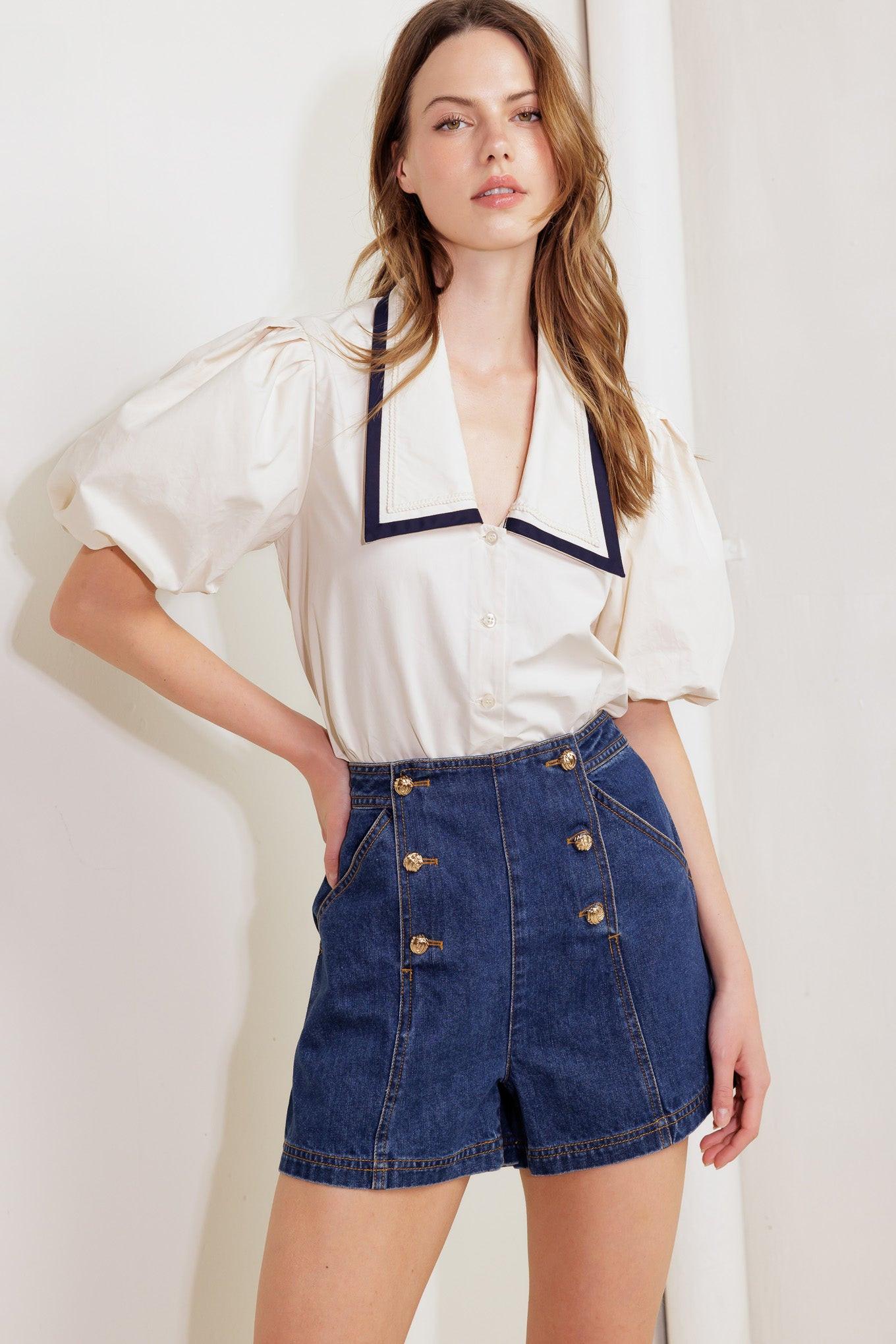 Letters to Summer Woven Top in ecru navy, view 6 — Soul Flow Apparel