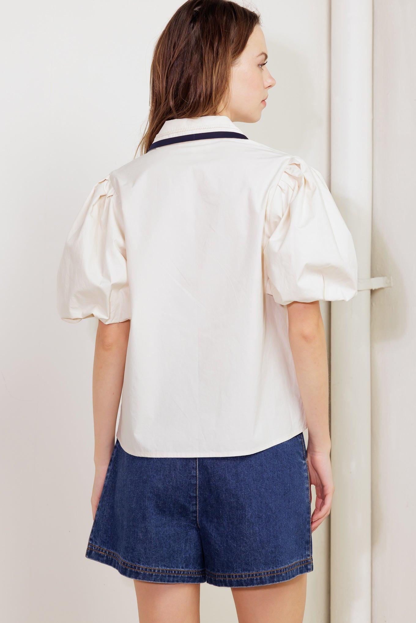 Letters to Summer Woven Top in ecru navy, view 7 — Soul Flow Apparel