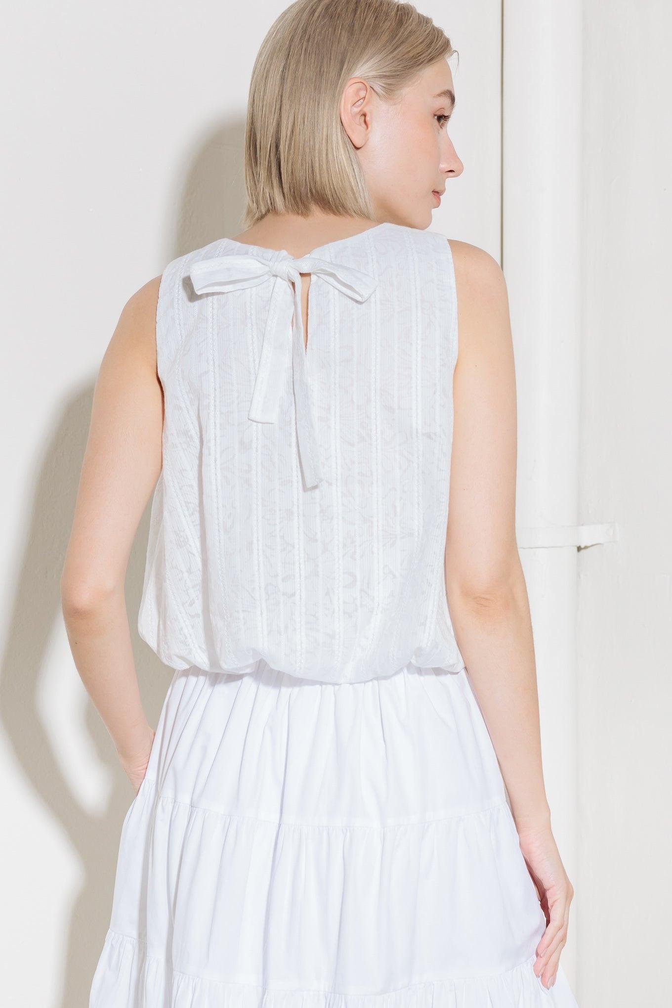 Timeless with Edge Woven Lace Top in white, view 7 — Soul Flow Apparel