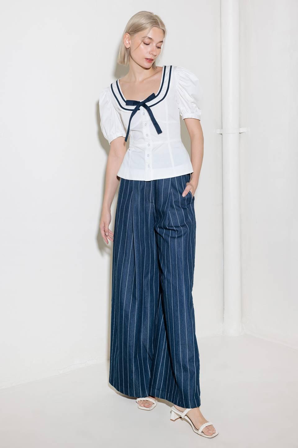The Sweetest Touch Woven Top in white navy, view 2 — Soul Flow Apparel