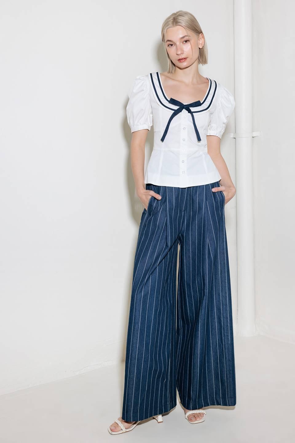 The Sweetest Touch Woven Top in white navy, view 3 — Soul Flow Apparel