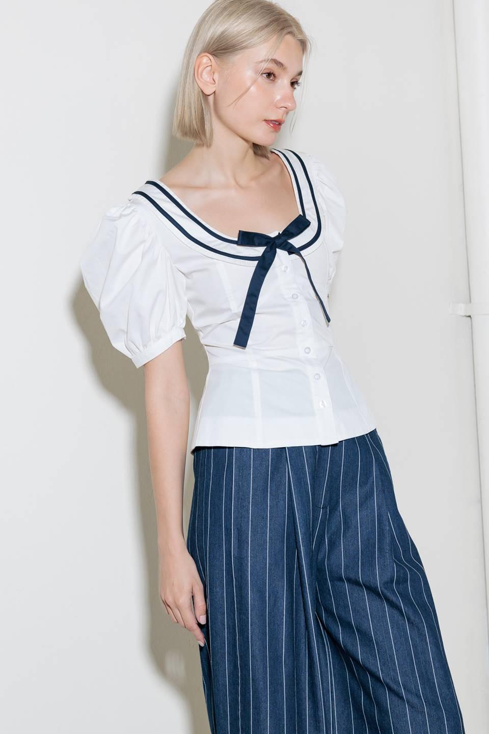 The Sweetest Touch Woven Top in white navy, view 4 — Soul Flow Apparel