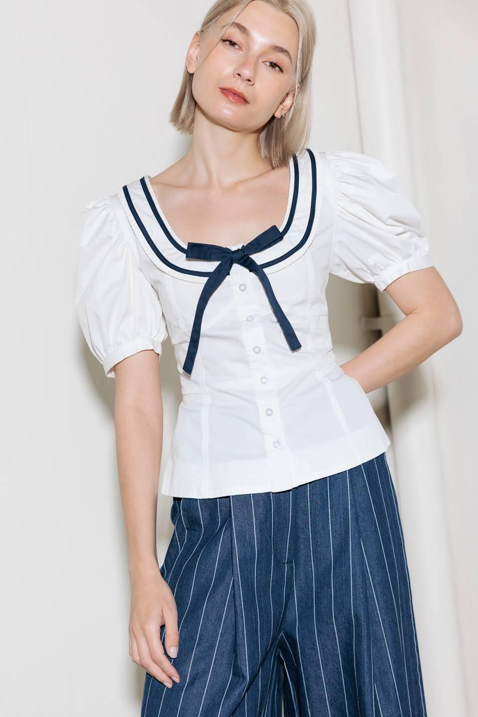 The Sweetest Touch Woven Top in white navy, view 5 — Soul Flow Apparel